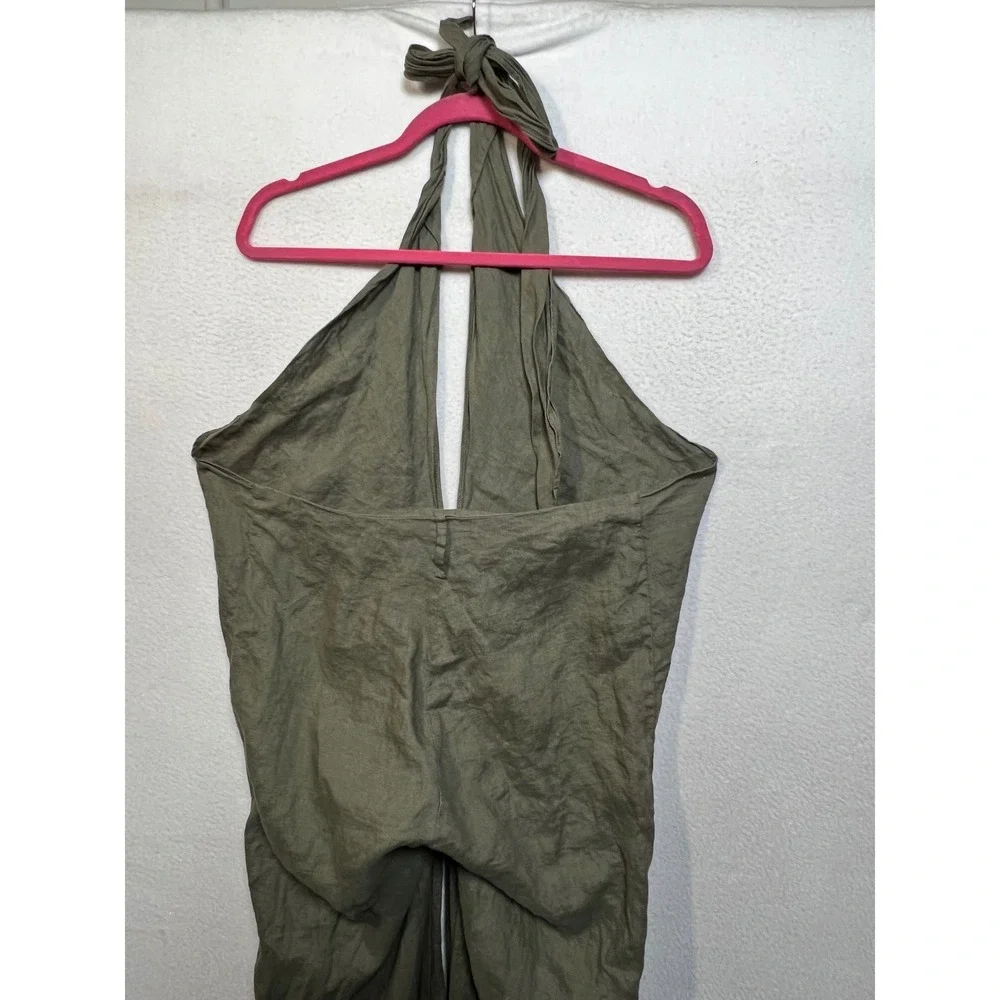 Zara‎ Womens Olive Green 100% Linen Halter Wide Leg Jumpsuit Size Medium